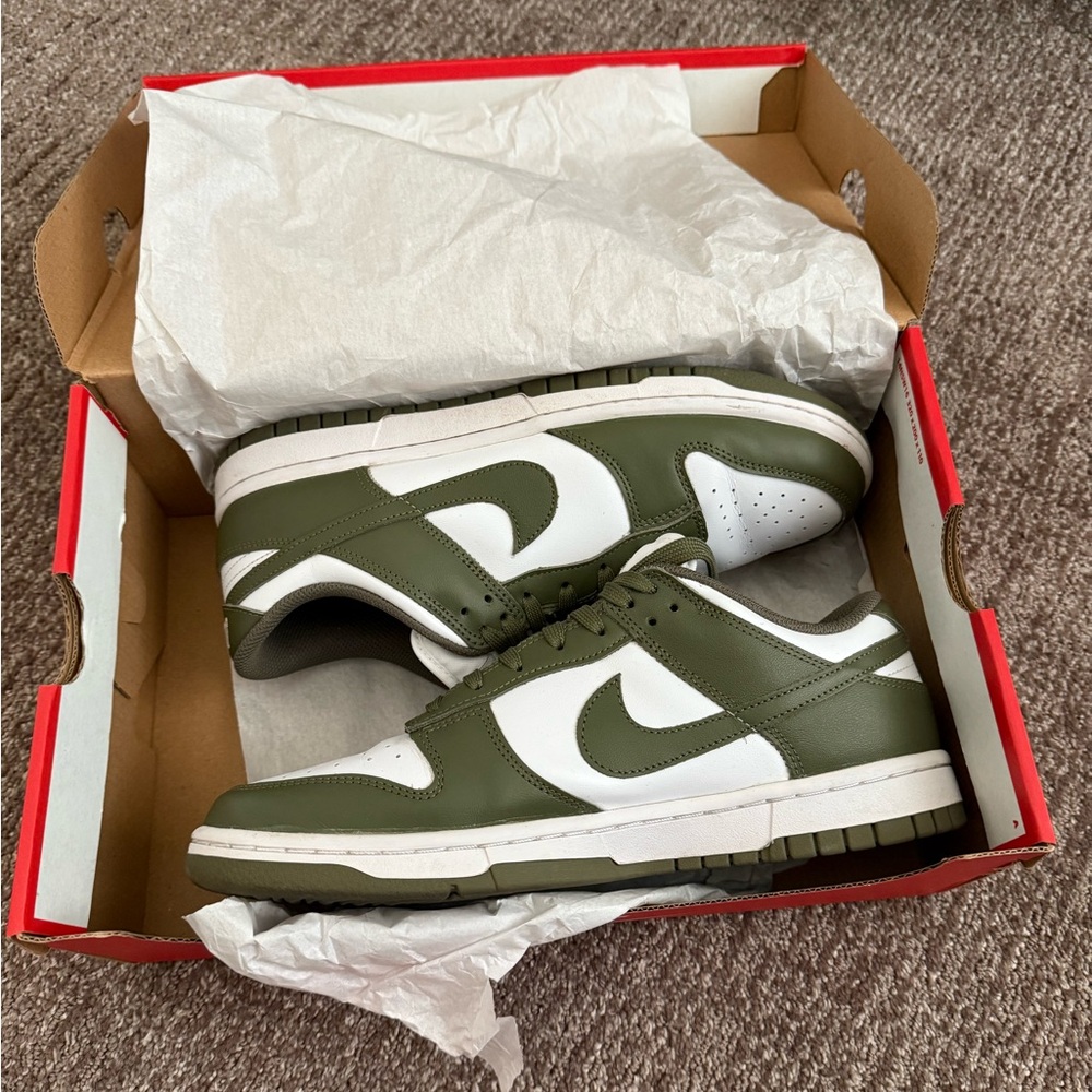 Women’s 9.5 Nike olive green dunks low